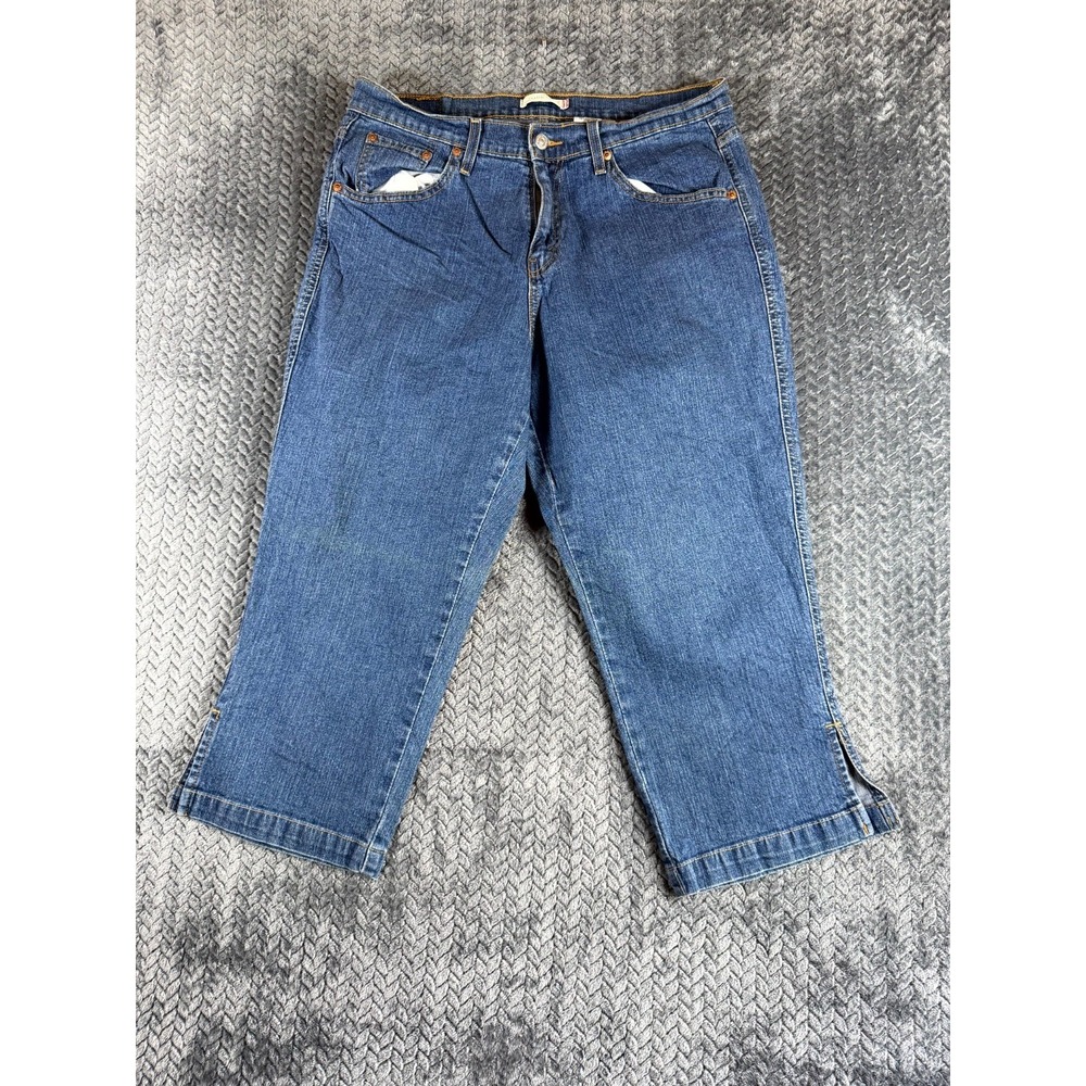 Levi's Classic Capri Jeans Women 18 Blue Denim Cotton Stretch High Rise Slit Hem